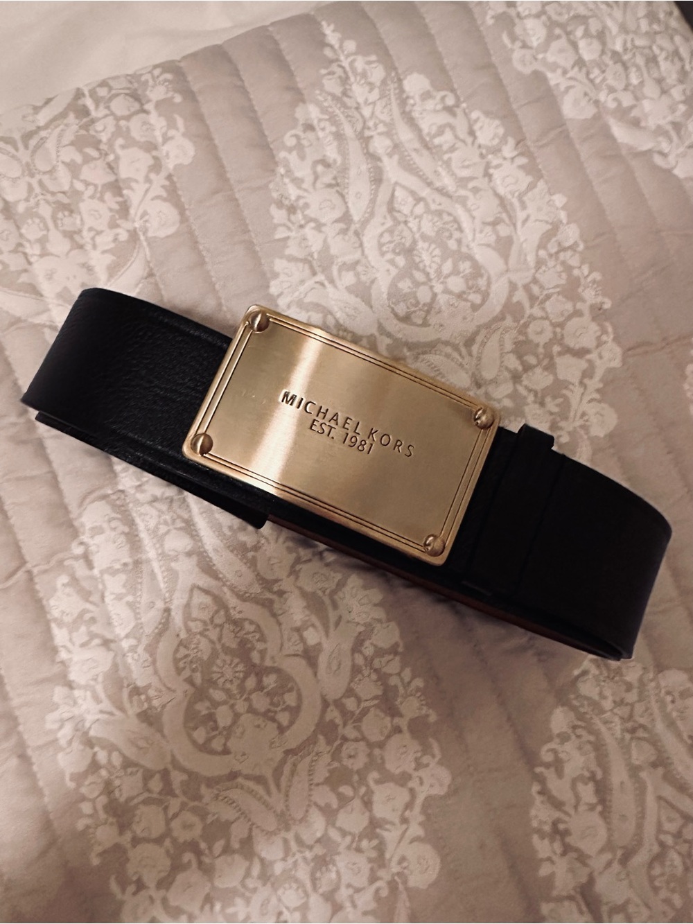 Michael Kors Black Genuine Leather Belt with Gold Plaque Buckle